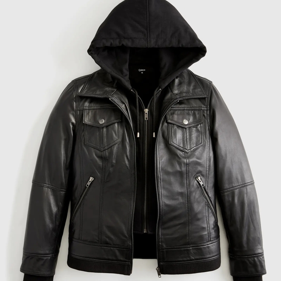 Quince Leather Jacket With Hood Black Medium Genuine Leather - Picture 4 of 12